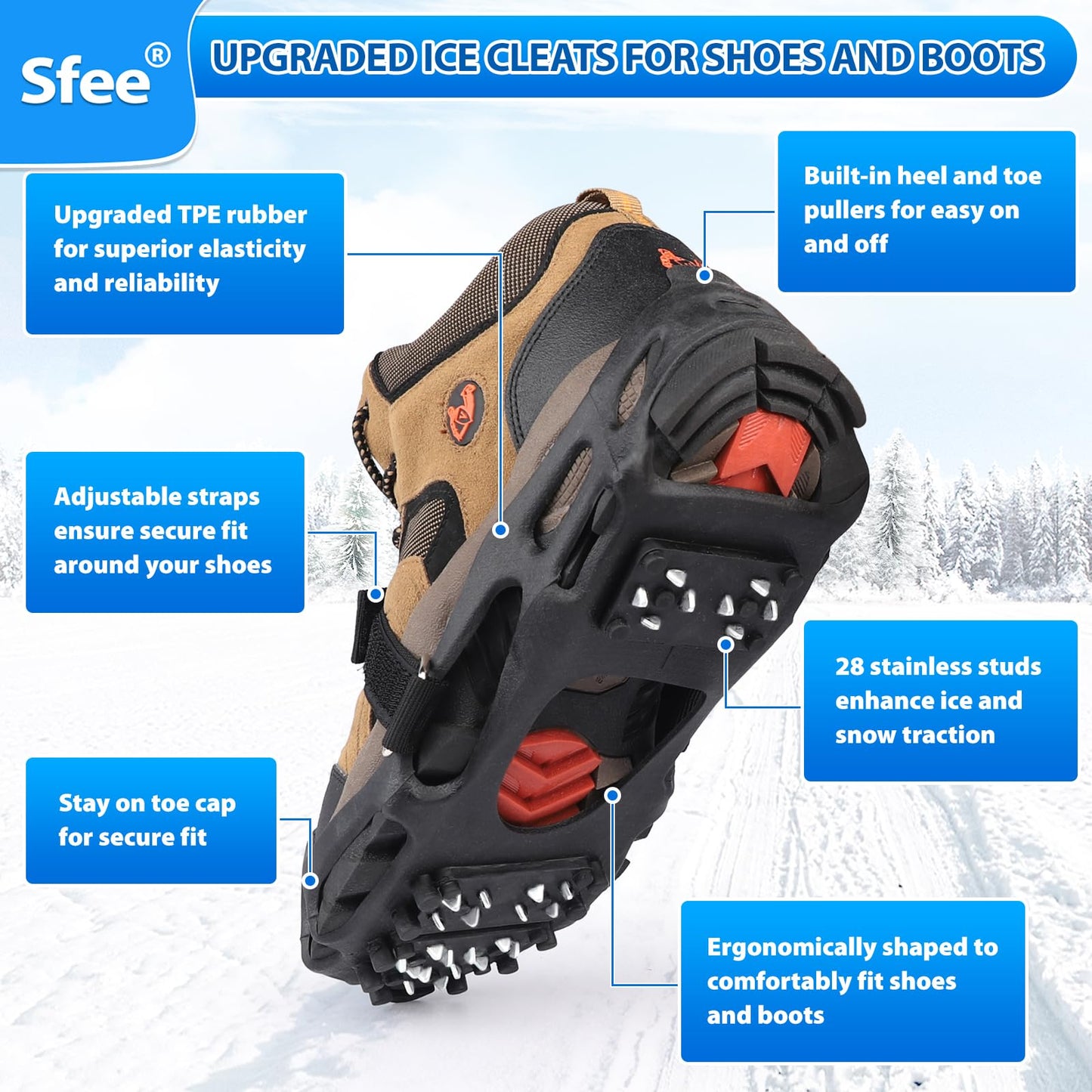 Sfee Crampons Ice Cleats for Shoes and Boots, 28 Snow Shoe Spikes Ultra-Grip Ice Cleats for Men & Women Non-Slip Snow Traction Ice Grippers for Shoes and Boots for Walking, Hiking, Climbing & Fishing