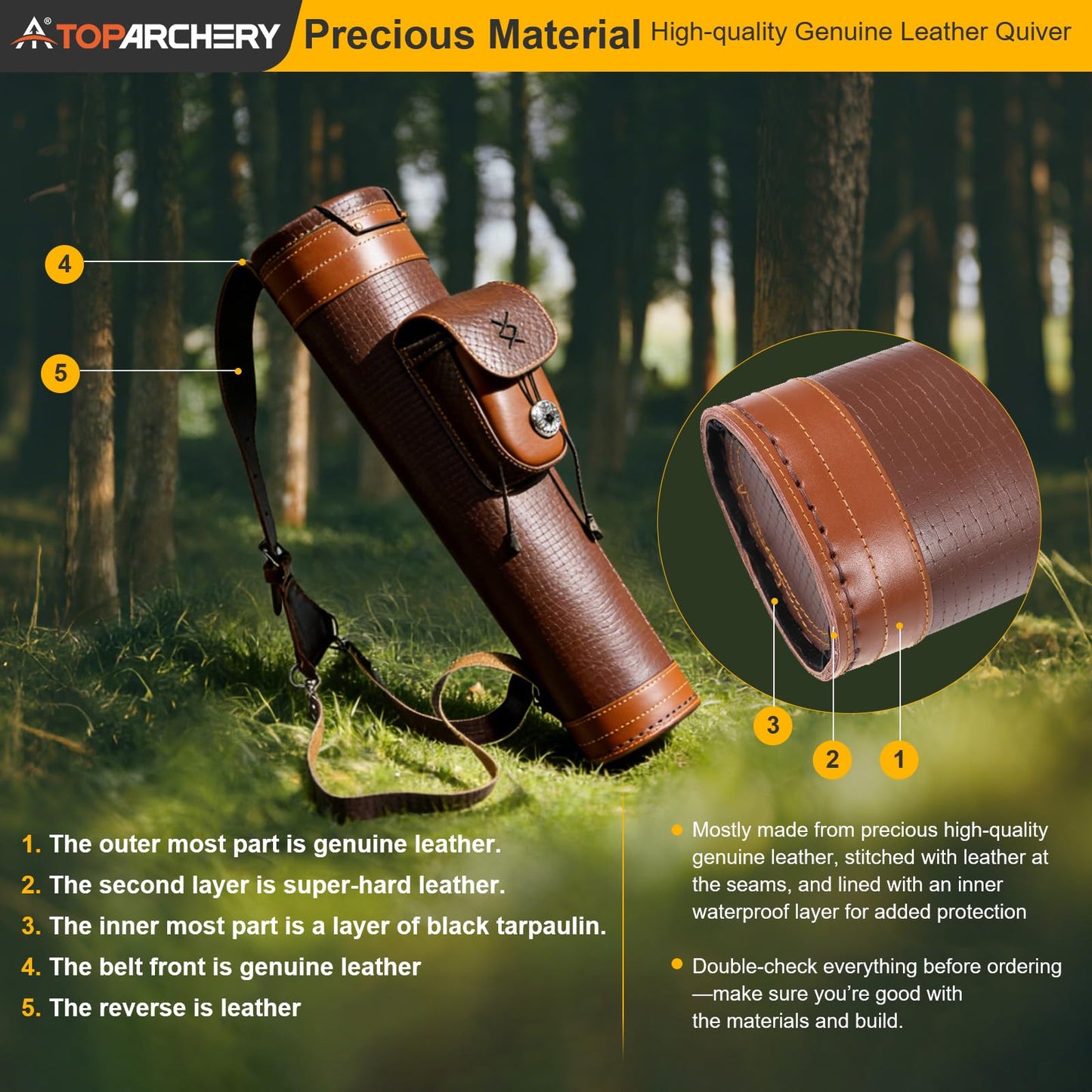 TOPARCHERY Traditional Shoulder Back Quiver Bow Leather Arrow Holder with Large Pouch Handmade Straps Belt Bag Brown