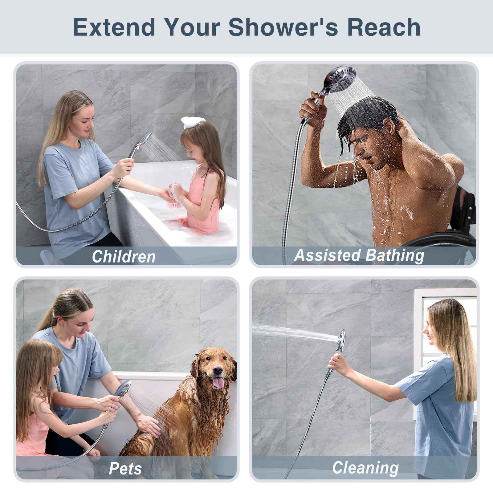 BRIGHT SHOWERS Shower Hose For Hand Held Shower Heads, 96 Inches Cord Extra Long Stainless Steel Hand Shower Hose, Ultra-Flexible Replacement Part with Brass Insert, Chrome