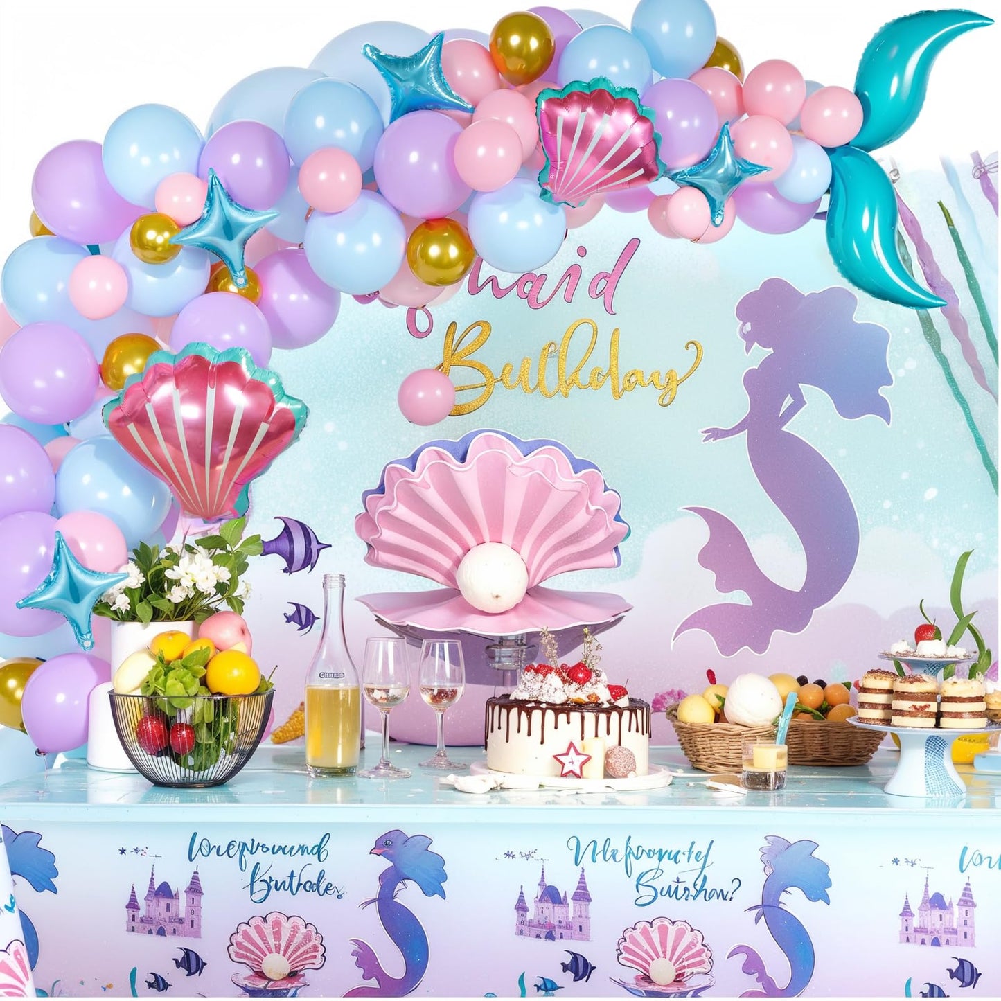 AGPTEK 109PCS Mermaid Balloon Garland Kit, Pastel Pink Purple Teal Blue Balloons with Mermaid Tail, Shell, and Star Foil Balloons, Perfect for Mermaid Birthday Party, Ocean-Themed Party Decorations