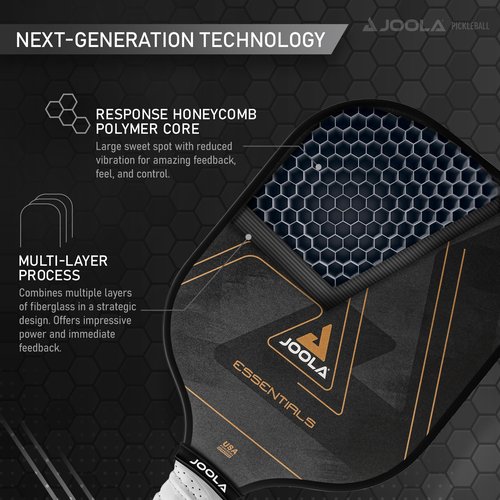 JOOLA Essentials Performance Pickleball Paddle with Reinforced Fiberglass Surface and Honeycomb Polypropylene Core, Black