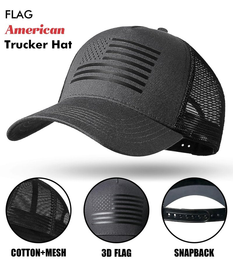 spxkd American Flag Trucker Hat,USA Hat for Men Women Snapback Baseball Cap Adjustable Breathable Mesh Side Durable Hats Outdoor (US, Alpha, Medium, 2 Pcs Black and Dark Grey)