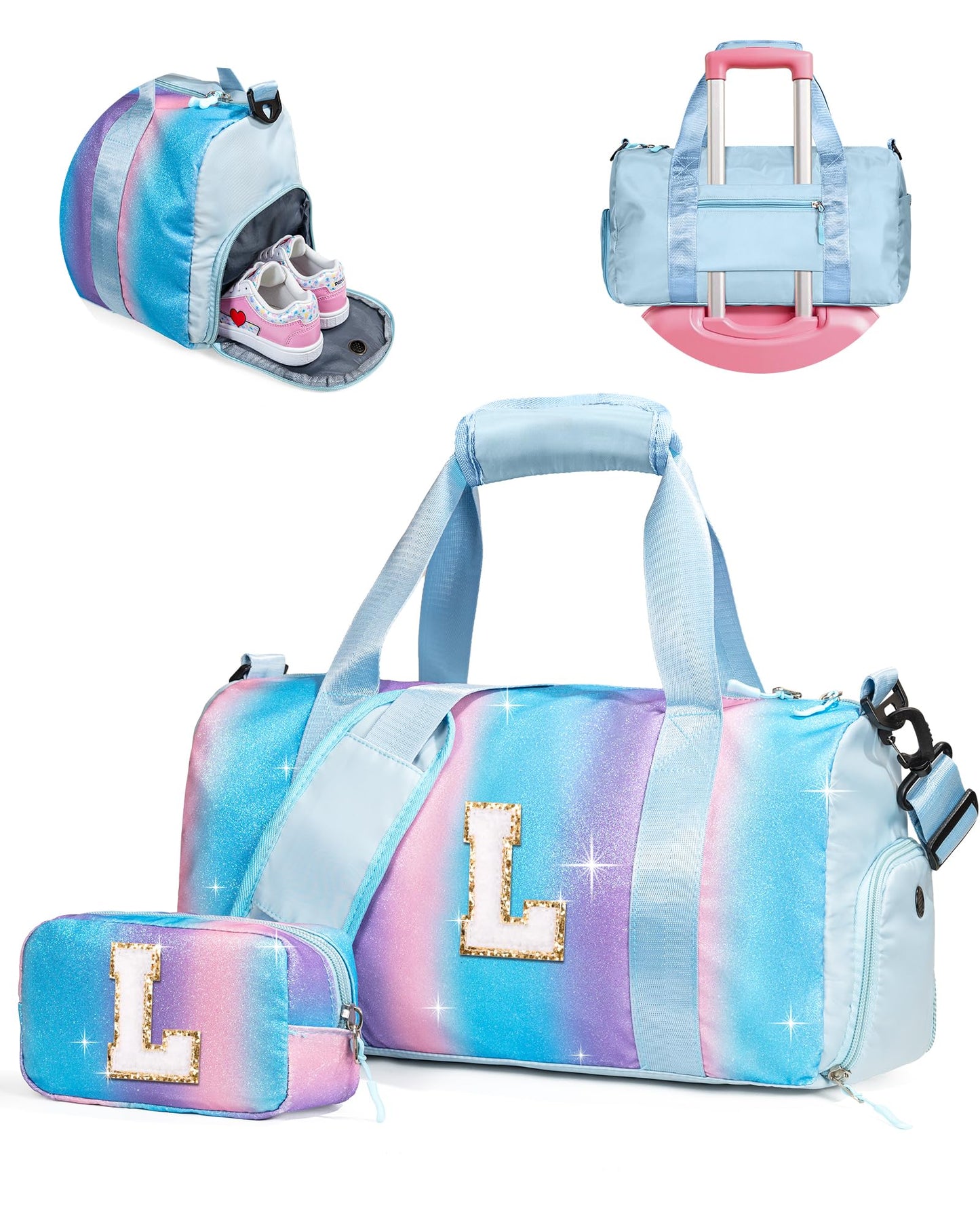 Vogewood Kindergarten Gift Ideas-Girl Gym Bag with Shoe Compartment, Kid Personalized Weekender Overnight Bags, Initial Travel Tote with Makeup Pouch, Niece Girls Birthday Gift (Letter L)