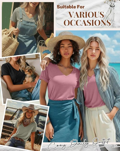 Ficerd Women's V-Neck T-Shirts - Casual Summer Short Sleeve Tops | 3-Pack Loose Fit Tees