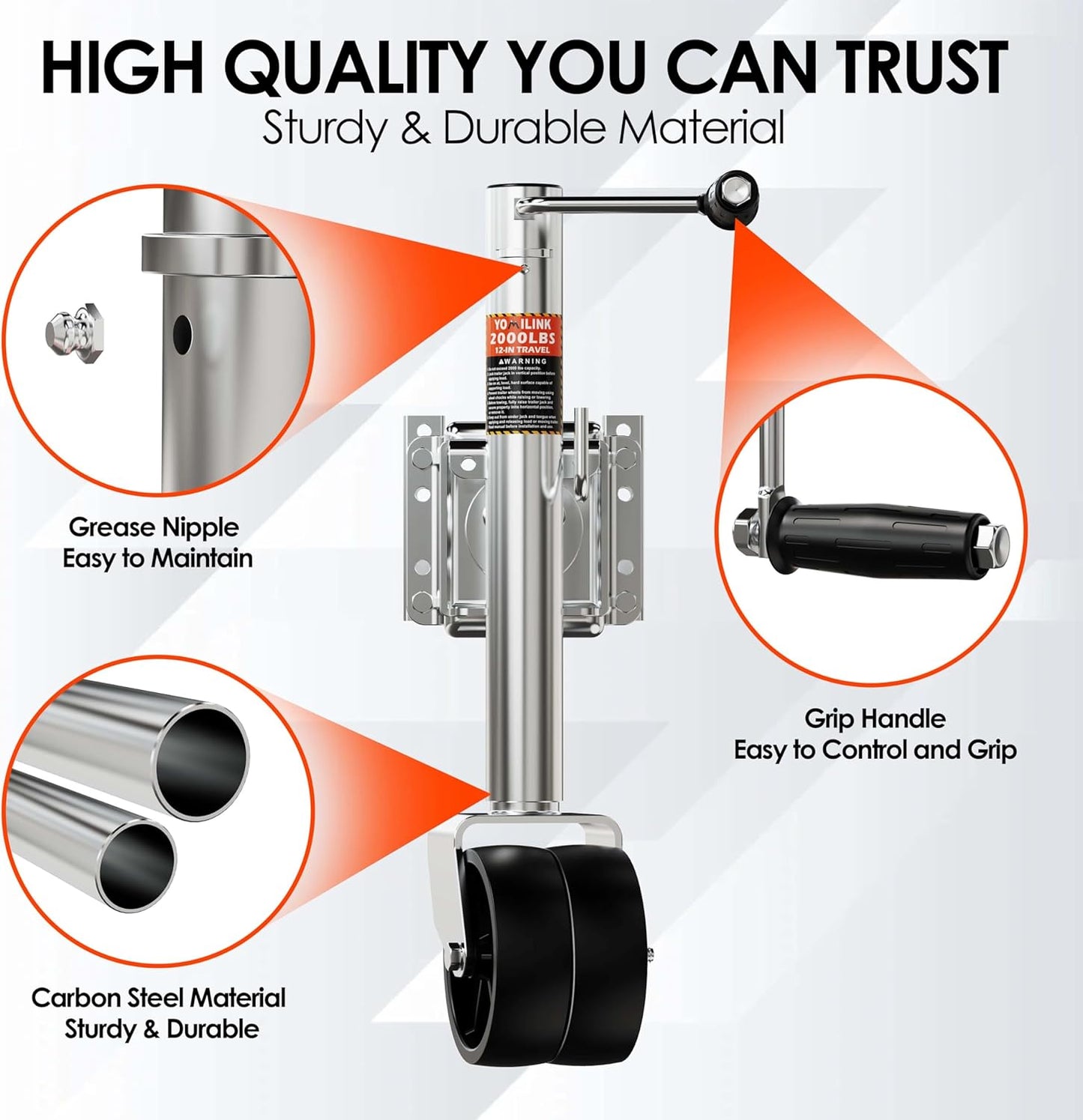 YOMILINK Heavy Duty Trailer Jack - 1500 lbs Capacity, Dual Wheel, 12" Lift, Bolt-On for RV & Boat Trailers - Silver