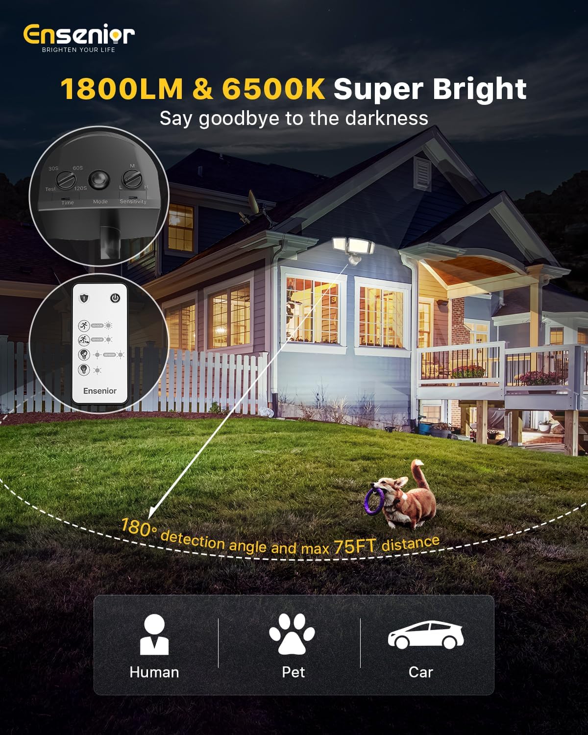 1800LM Solar Security Light with 3 Heads & Remote, 270° Wide Angle, IP65 Waterproof