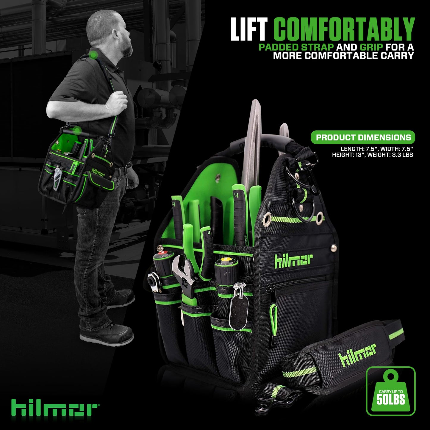 Hilmor HT 1839078 HVAC Tool Bag with 27 Pockets, Key Clip, Tape Loop, Shoulder Strap,HVAC/R Tools and Equipment, Black/Green, 13”