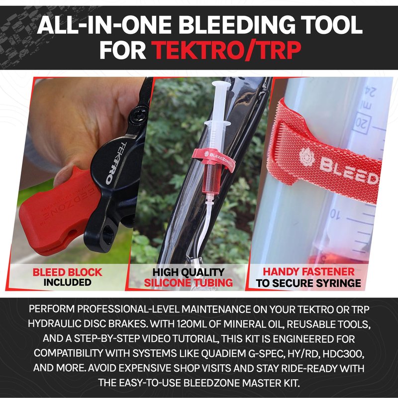 BleedZone Master Tektro TRP Brake Bleed Kit with 120ml Mineral Oil, Hydraulic Bike Brake Bleeder Kit for Tektro & TRP Brakes, Reusable Bleeding Tools, Syringe & Hose MTB Bicycle Hydraulic Maintenance