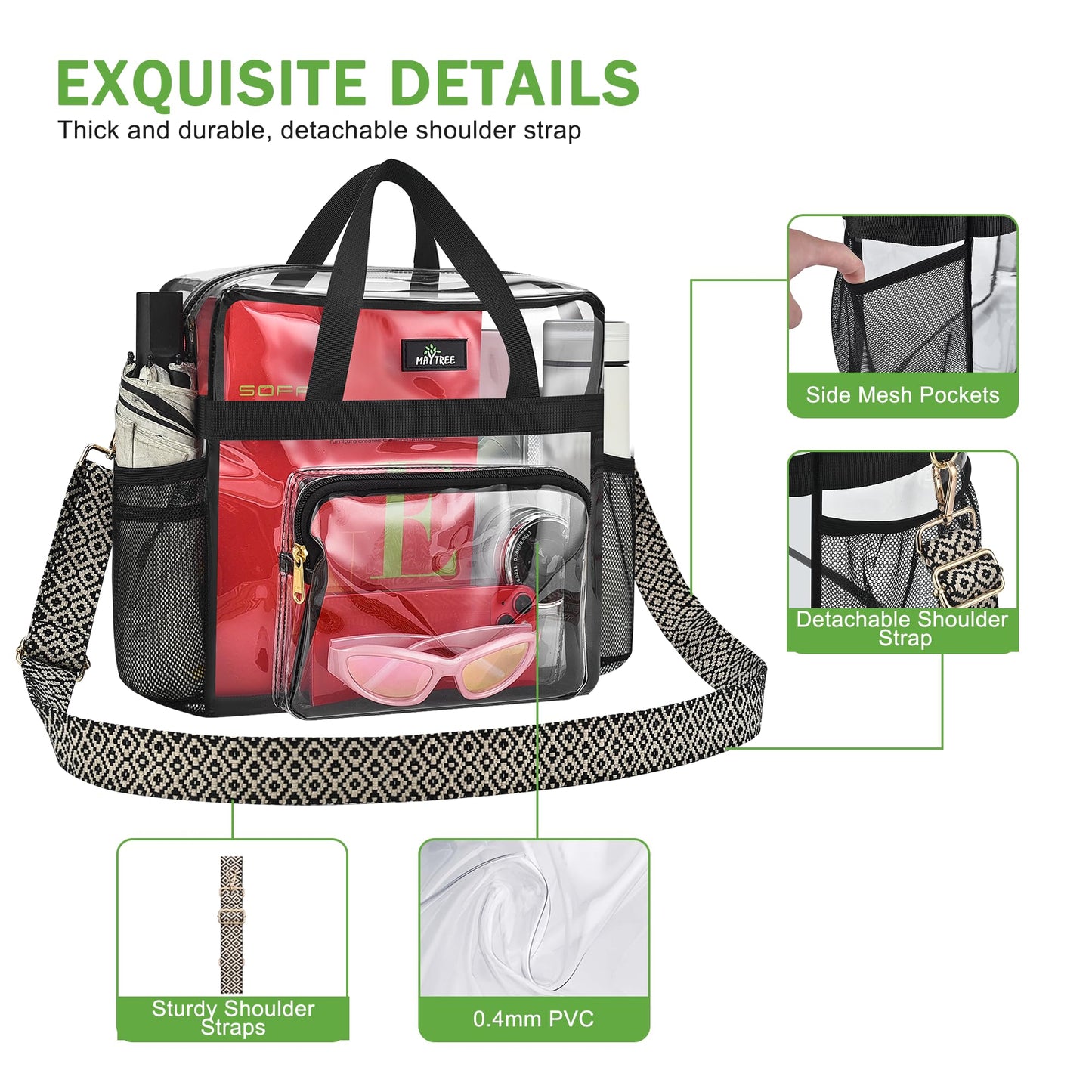 MAY TREE Clear Bag for Stadium Events, 12×6×12 Clear Tote Bag with Removable Strap, Transparent Bag for Concert Sports Gym, Wave-Strap