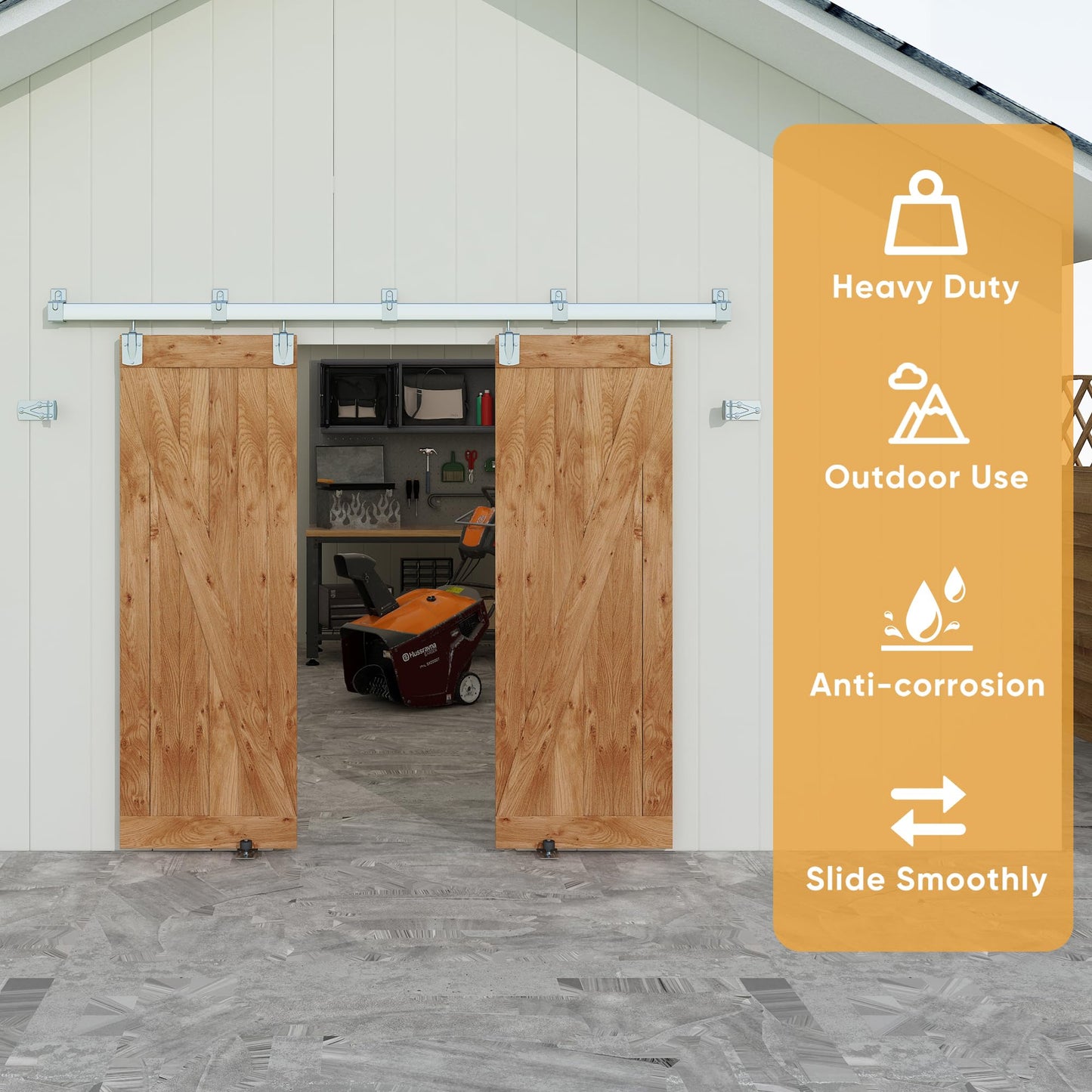 JUBEST 8FT Box Rail Exterior Barn Door Hardware Kit, Heavy Duty Sliding Door Track Kit Wall Mount Door Hardware Kit for Two Doors System(Doors Not Included), Silver