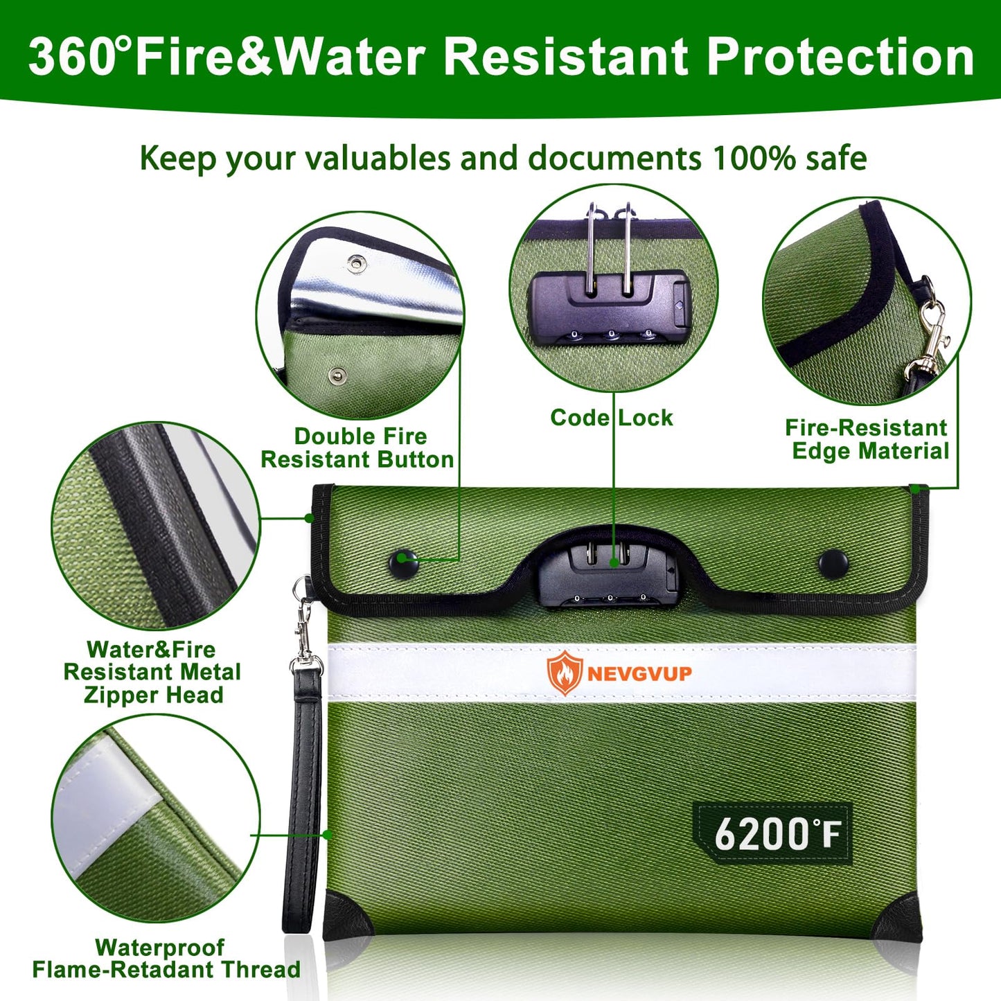 6200°F Fireproof Money Bag with Lock, Upgraded Fireproof Bags w. Zipper/Reflective Strip, 9 Layers of Heat Insulated Materials, Water Resistant Fire proof Money Bag for Cash, Fire Pouch for A5 Files