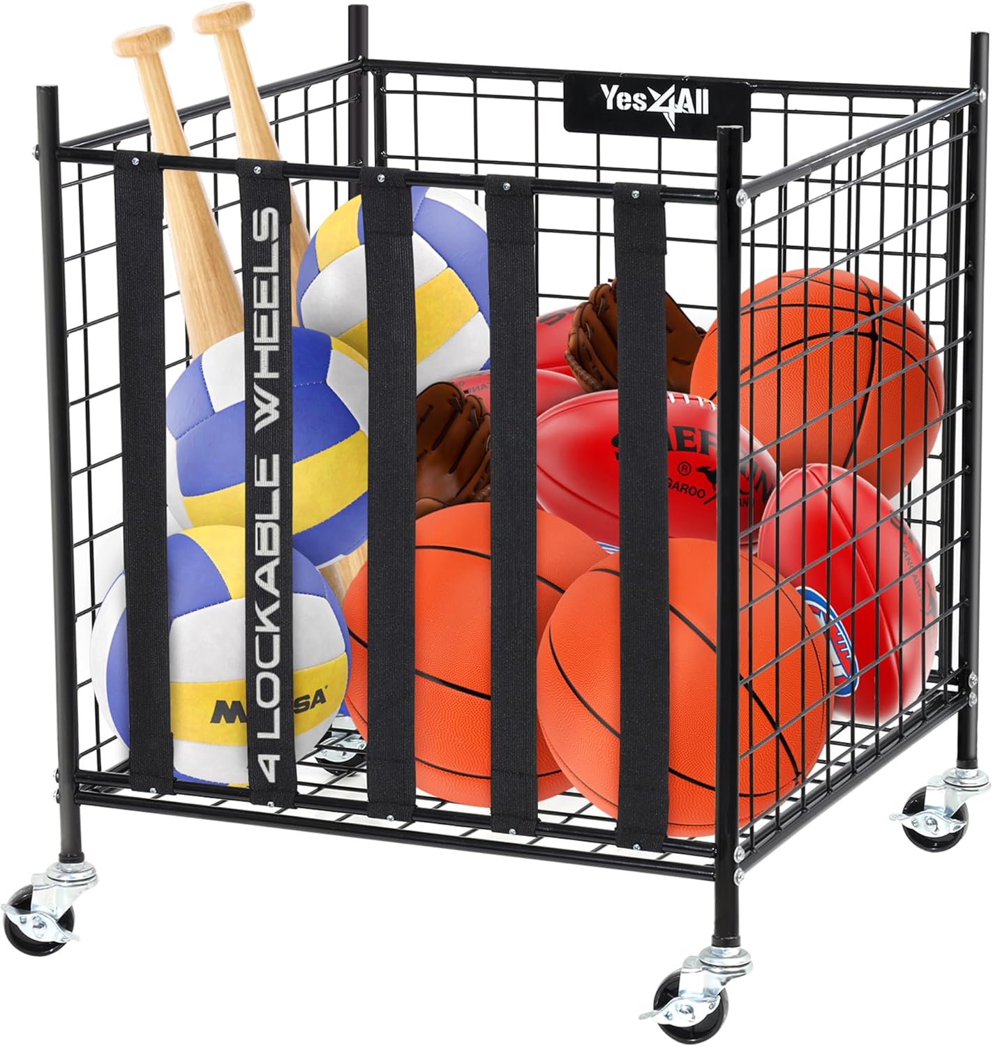 YES4ALL Rolling Ball Cart - Lockable Wheels Sports Equipment Organizer | Ideal for Volleyball & Basketball Storage