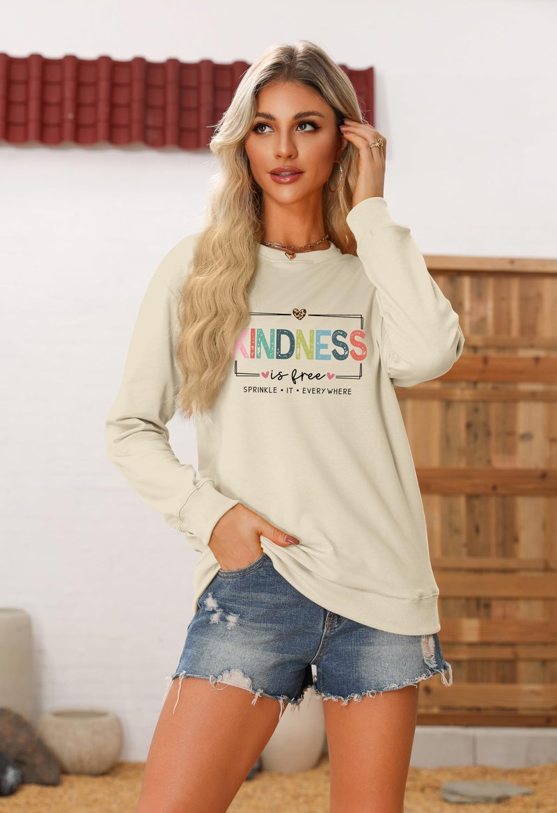 DAFOUOE Kindness Is Free Sweatshirt, Be Kind Sweatshirt Womens Teacher Teach Inspirational Sayings Pullover Crewneck Tops Beige