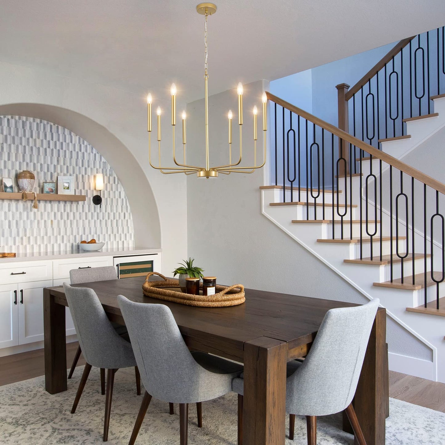 LASENCHOO Gold Chandelier Light Fixture, 8 Lights Modern Farmhouse Chandelier for Dining Room Light Fixture, Candle Pendant Light Fixtures Ceiling Hanging for Kitchen Living Room Bedrooms Entryway