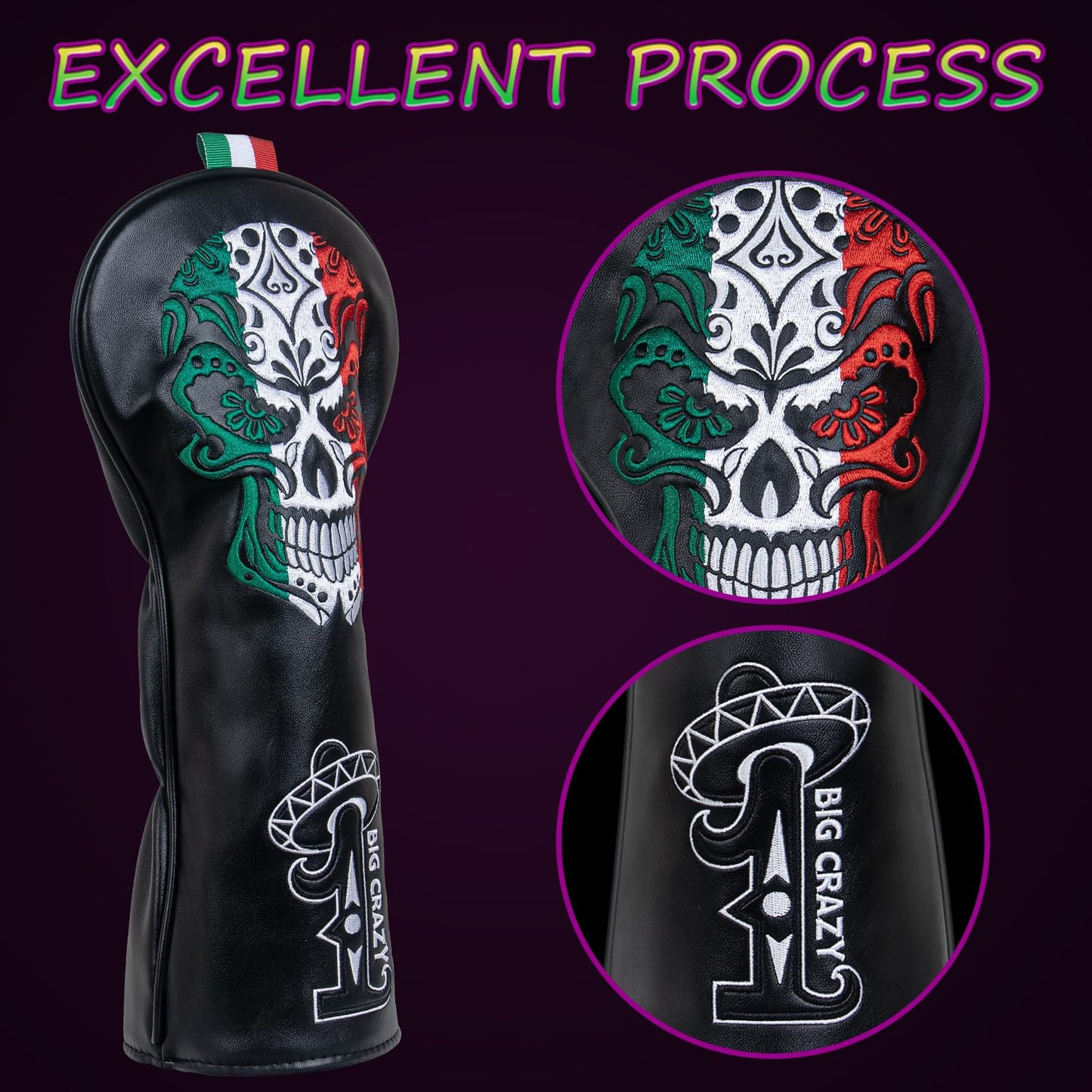 Big Crazy Funny Golf Head Covers, Driver Headcover, Hybrid Fairway Woods Putter Cover, Golf Gift Accessories for Men, Day of The Dead Skull Skeleton Design