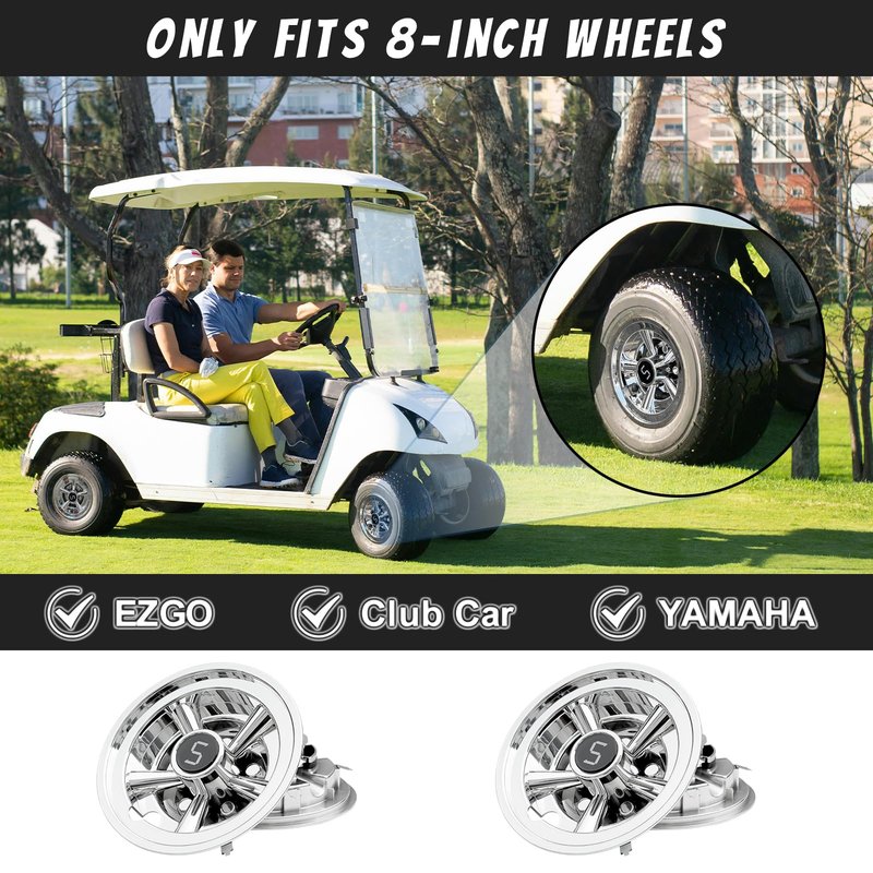 Shu-Ran 8 Inch Golf Cart Wheel Cover Hub Caps, Universal Chrome Golf Cart Hub Caps Snap-on Installation for Most Golf Carts Yamaha, Club Car, EZGO (Set of 4)