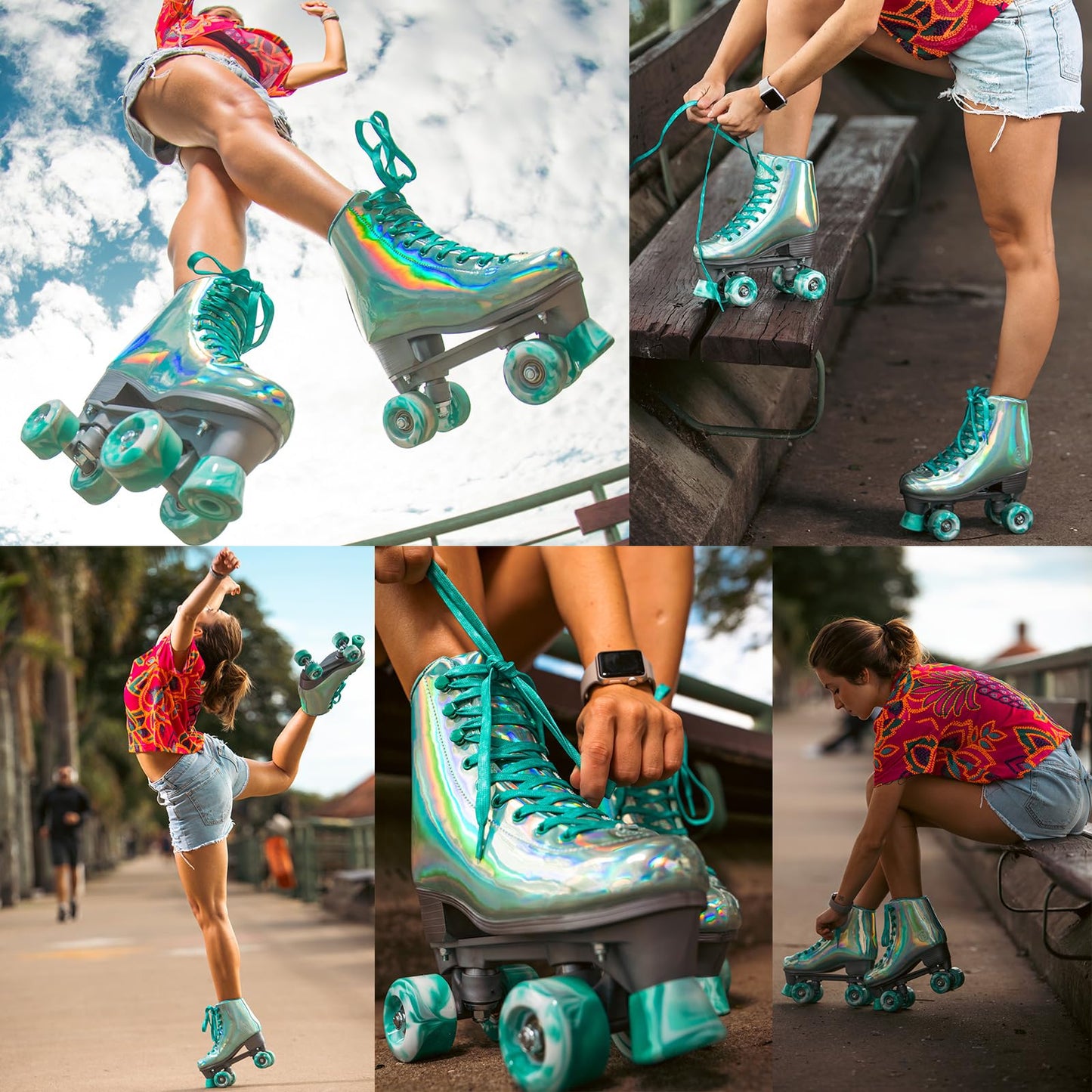JajaHoho Roller Skates for Women, Shiny Holographic High Top Rollerskates, Double-Row Four Mixture Gradient Wheels Quad Skates for Girls Age 8-50 Indoor Outdoor (Size 8, Mint Green)