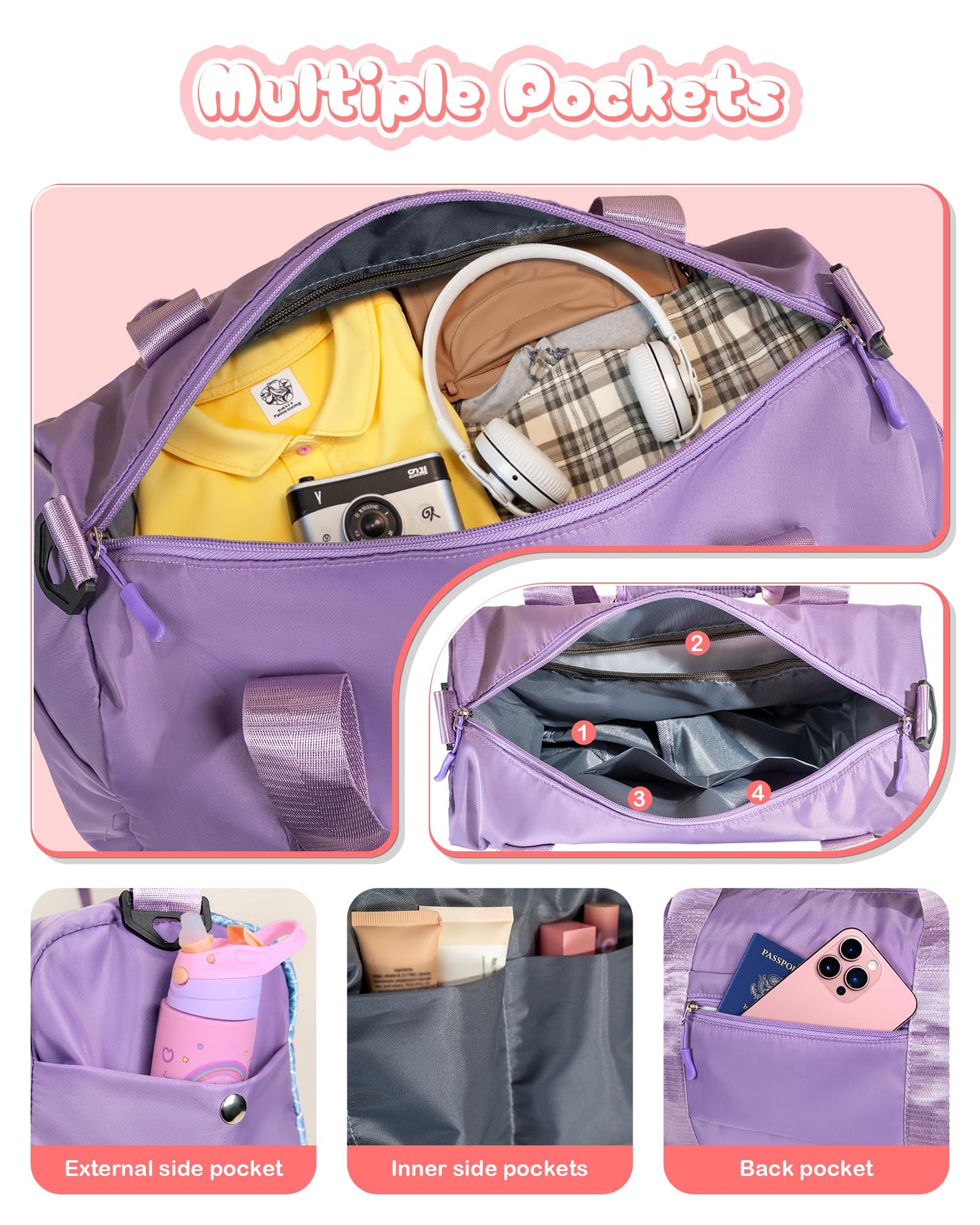 Vogewood Birthday Gifts for 3 4 5 6 7 8 9 10 11 12 Year Old Girls-Girl Gym Bag with Shoe Compartment, Kid Personalized Weekender Overnight Bags, Initial Travel Tote with Makeup Pouch (Letter B)