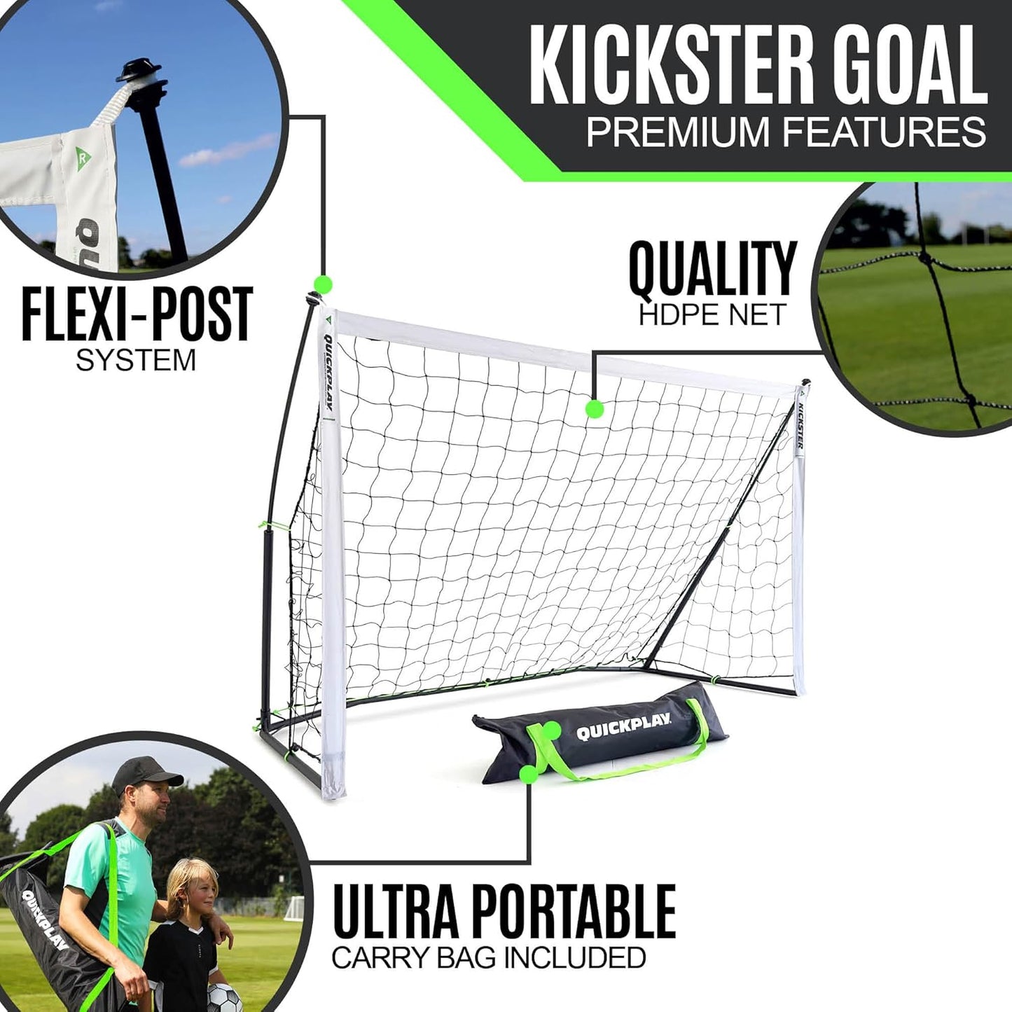 Quickplay Kickster Soccer Goal - Ultra Portable Design | Easy Setup | Includes Net & Carry Bag | 7 Sizes Available