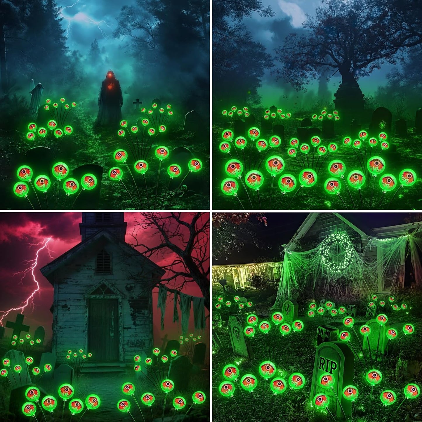Solar Halloween Eyeball Lights - 6 Pack 36 LED Green Scary Pathway Decor