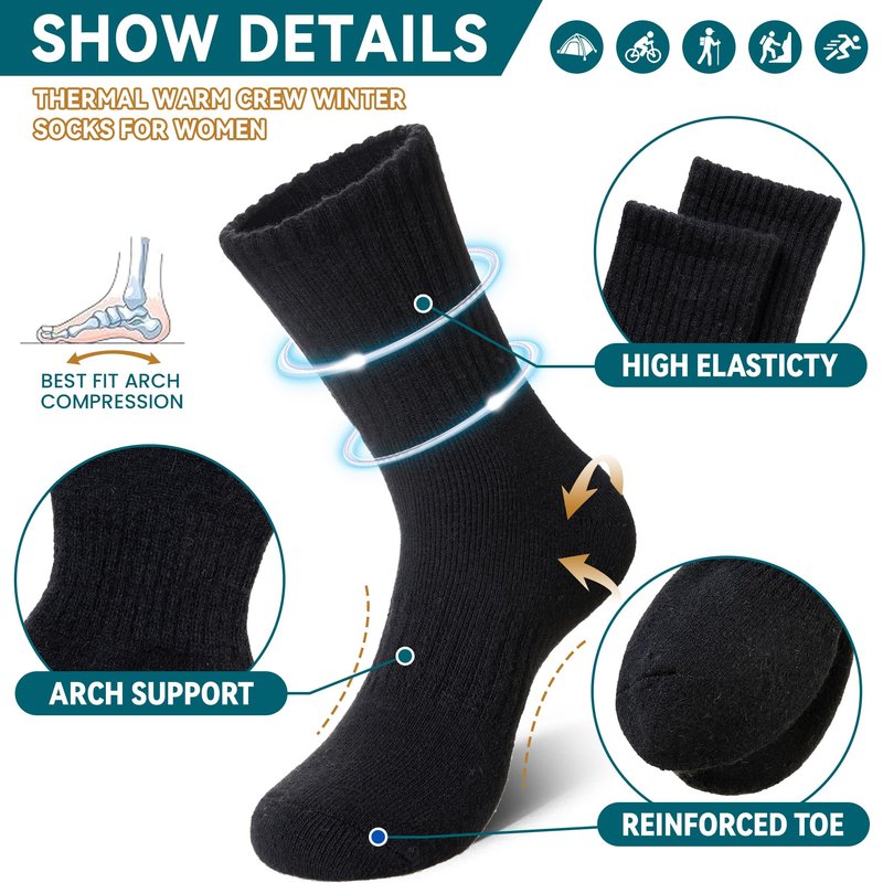 Eocom Merino Wool Hiking Socks for Women & Men Thermal Winter Warm Thick Cushion Crew Work Boot Socks 5 Pairs(5 Pairs Black, Medium)