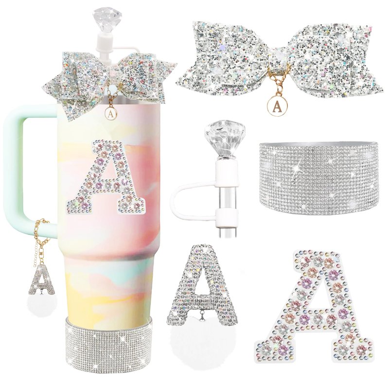 XIANGYUAN Stanley Accessory Set Includes 10mm Straw Cover,Bow Cup Decoration,Personalized Stickers for Water Bottle and Other Accessories,Suitable for 30and40oz Stanley Cup(white A)