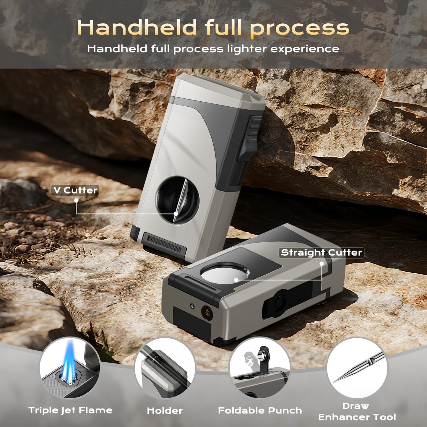 6-in-1 Torch Lighter, with Windproof Triple Jet Flame, V & Straight Cutter, Punch, Holder, Draw Enhancer Tool, Refillable Butane Lighter with Gift Box for Men, Multifunctional Accessories for Travel