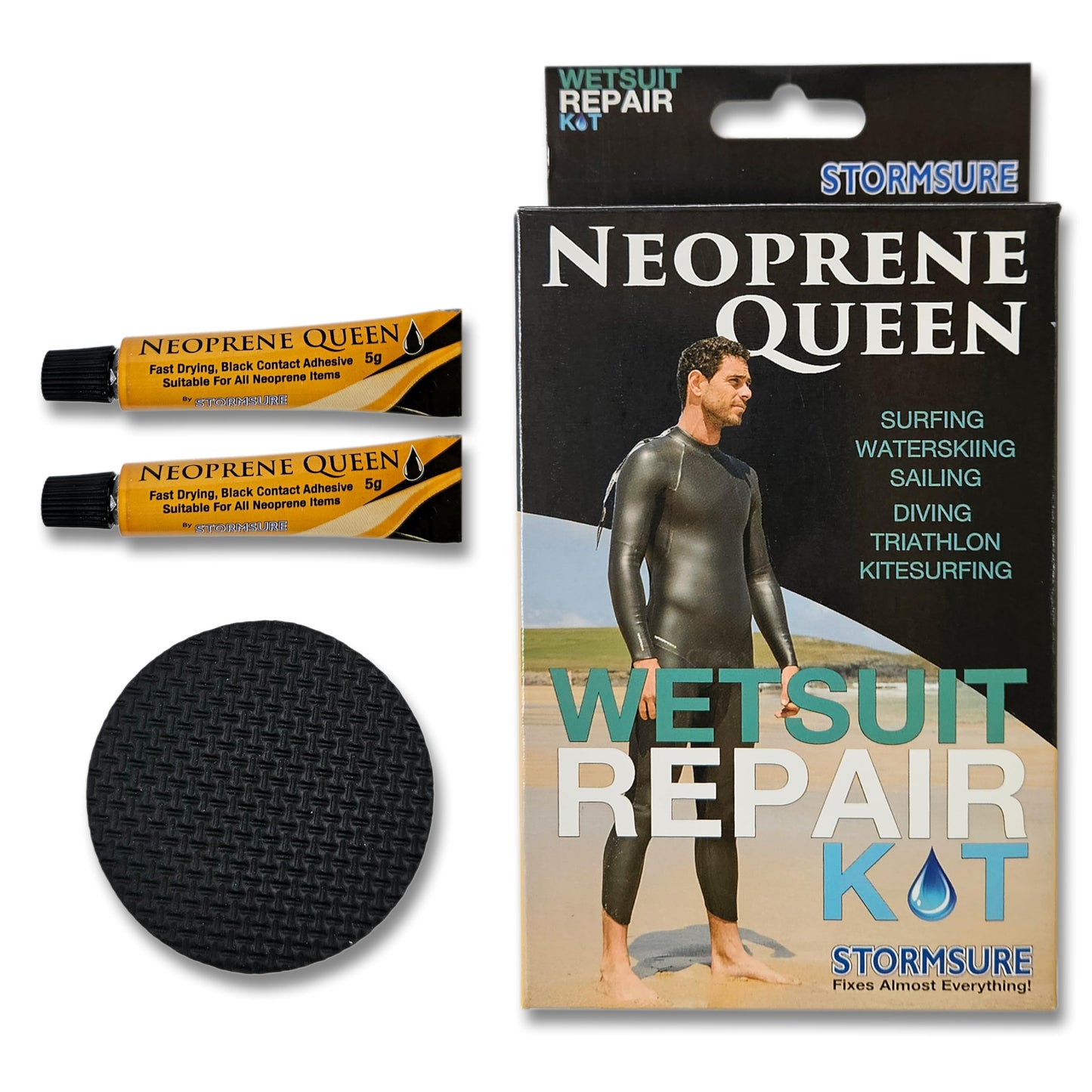 Neoprene Queen Wetsuit Repair Kit - Strong Waterproof Adhesive with Neoprene Patches for Durable Long Lasting Repairs to Surfing Swimming and Watersports Gear