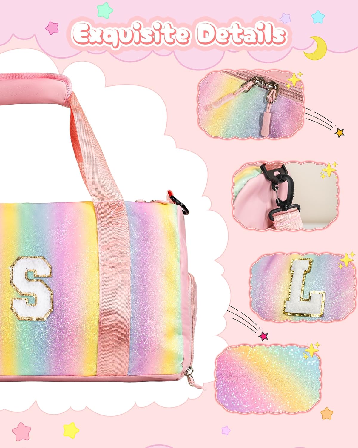 Skiennix Girl Gym Bag - Personalized Weekender Tote with Shoe Compartment & Makeup Pouch | Ideal Birthday Gift for Granddaughter (Letter I)