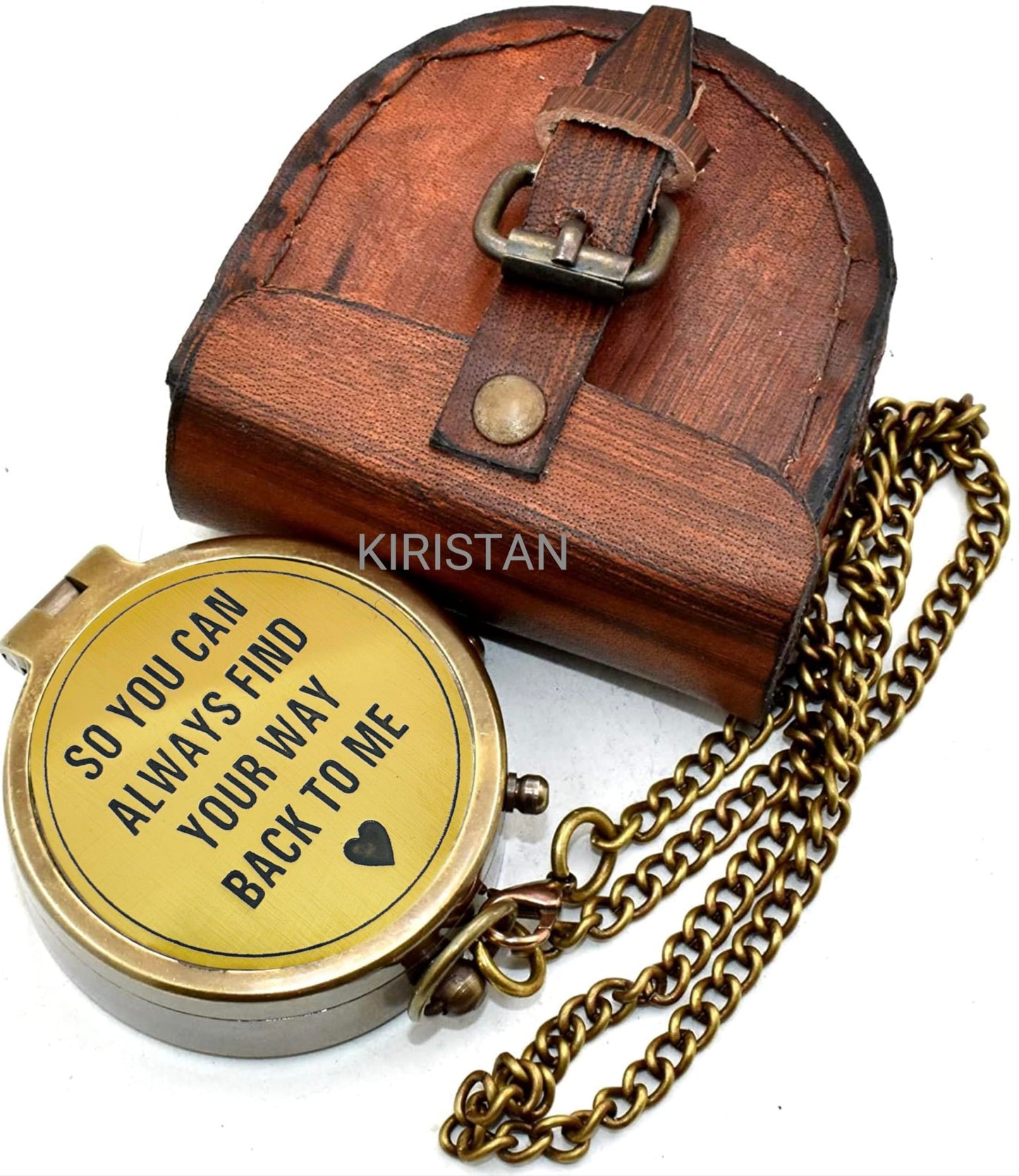 “So You Can Always Find Your Way Back Home” Engraved Pocket Compass with Leather Case – Vintage Brass Hiking & Camping Compass, Inspirational Birthday Gift for Him or Her