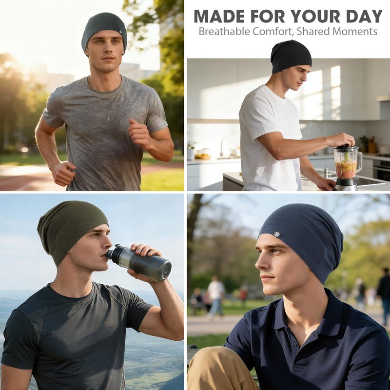 WTACTFUL 3Pack Soft Slouchy Beanie Hat for Men Women, Breathable Skull Cap Chemo Cap Night Sleeping Hat for Cycling Running Riding Hiking Casual Wear Black Gray White