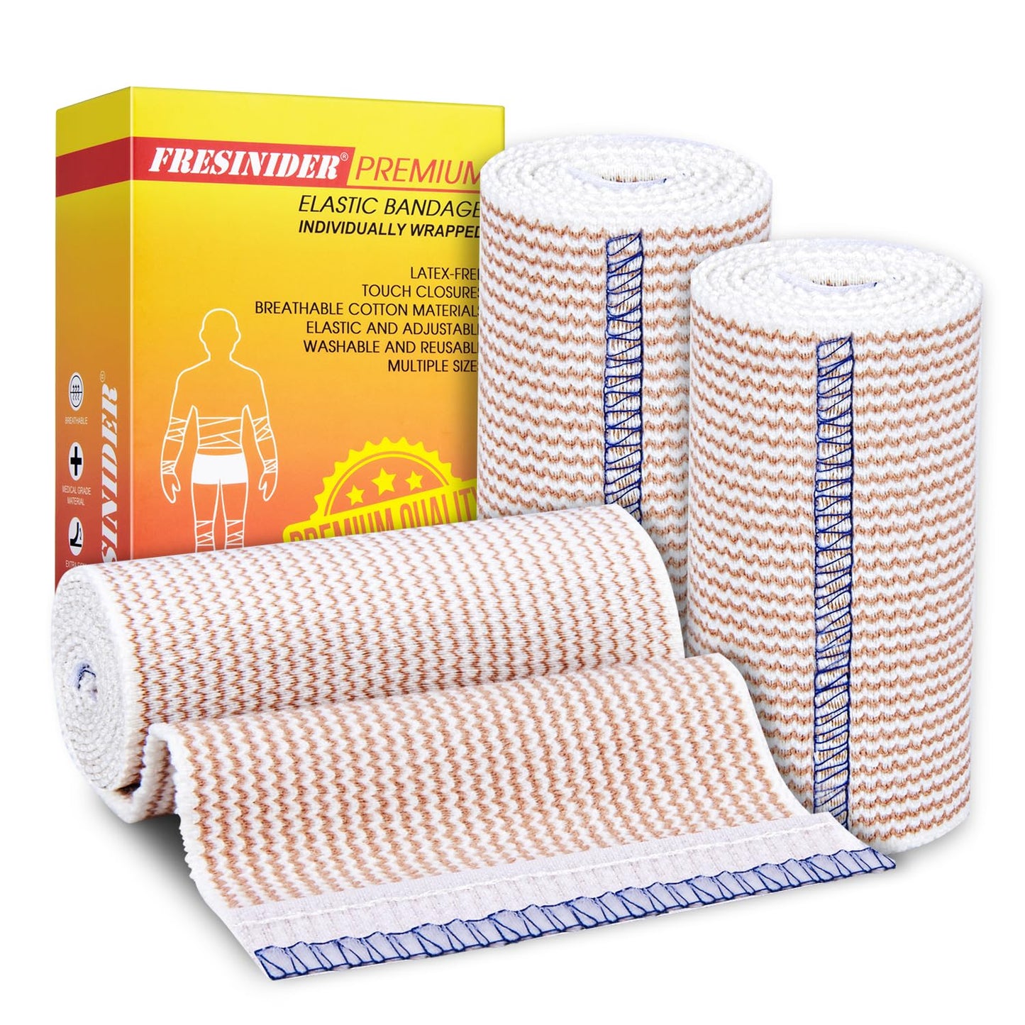 FRESINIDER Elastic Bandage Wrap, 4" x 3 Pack – Latex Free Cotton Compression Bandage with Hook & Loop Closure at Both Ends, Reusable Wrap for Sports, Medical, and Injury Recovery