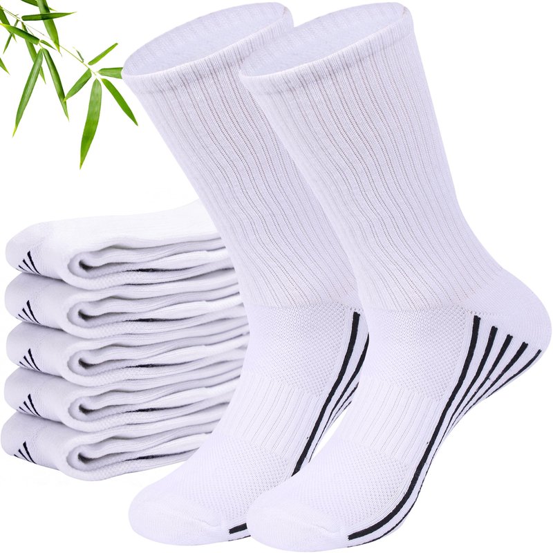 Sunew 6 Pairs Viscose Made from Bamboo Socks,Mens Moisture Wicking Extra Cushion Sport Working Crew Trekking Mid Calf Quick Dry Travel Fitness Socks White Large