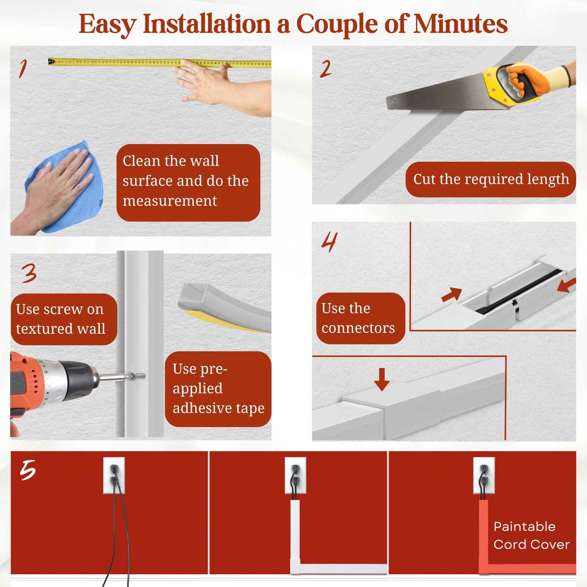 One Cord Channel Cable Concealer - 315in One-Cord Cover for Wall, Mini Wire Hider for 1-2 Wires, Paintable Electric Cable Cover for Outside, Wall Mount TV Cord Hider
