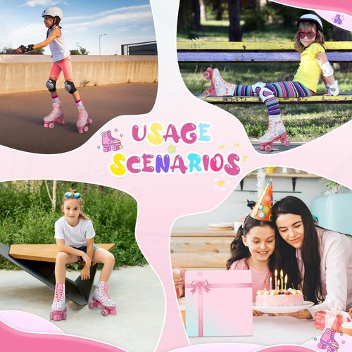 jessie Girl Roller Skates for Kid, PU Leather Flash Rainbow Adjustable Roller Skates Girls Ages 5-12 Four-Wheel Beginner Adult Indoor Outdoor (White,32)