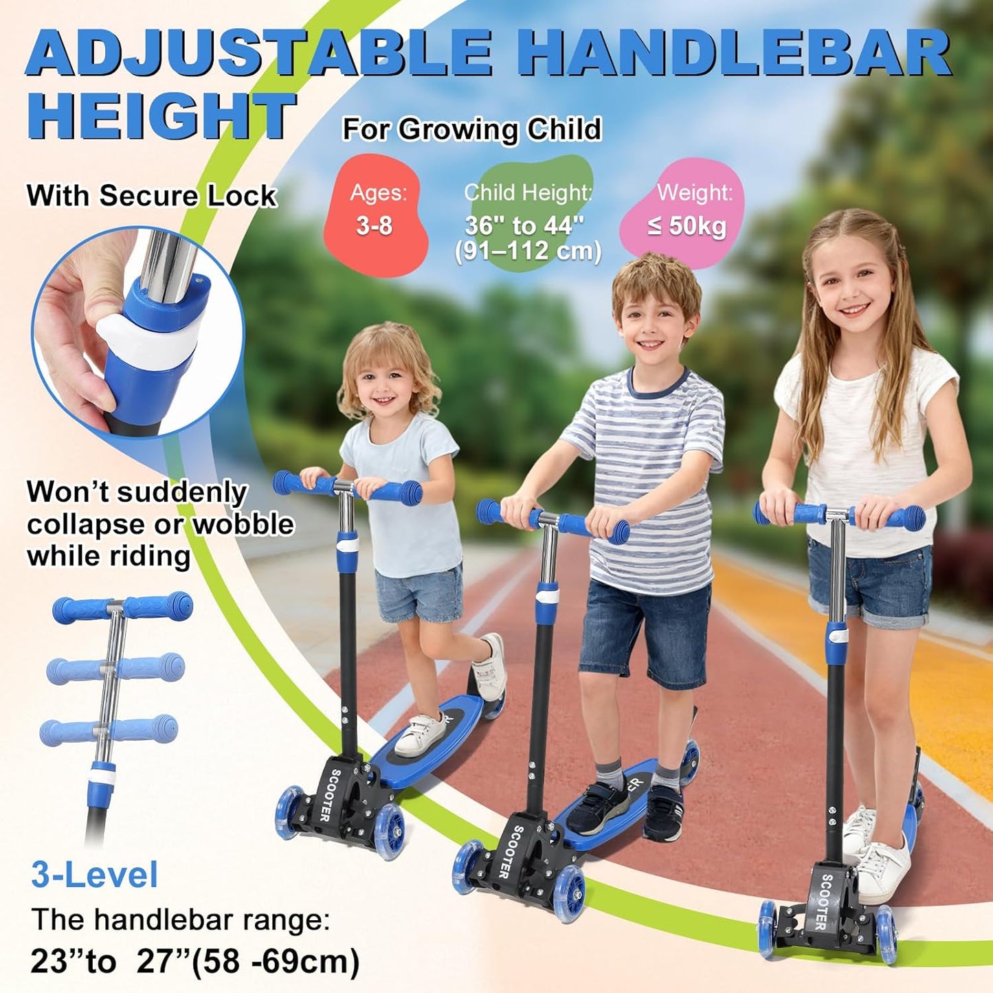 **Skiennix Kids Kick Scooter - Light-Up 3-Wheel Design with Adjustable Handlebars | Supports Up to 150 lbs**