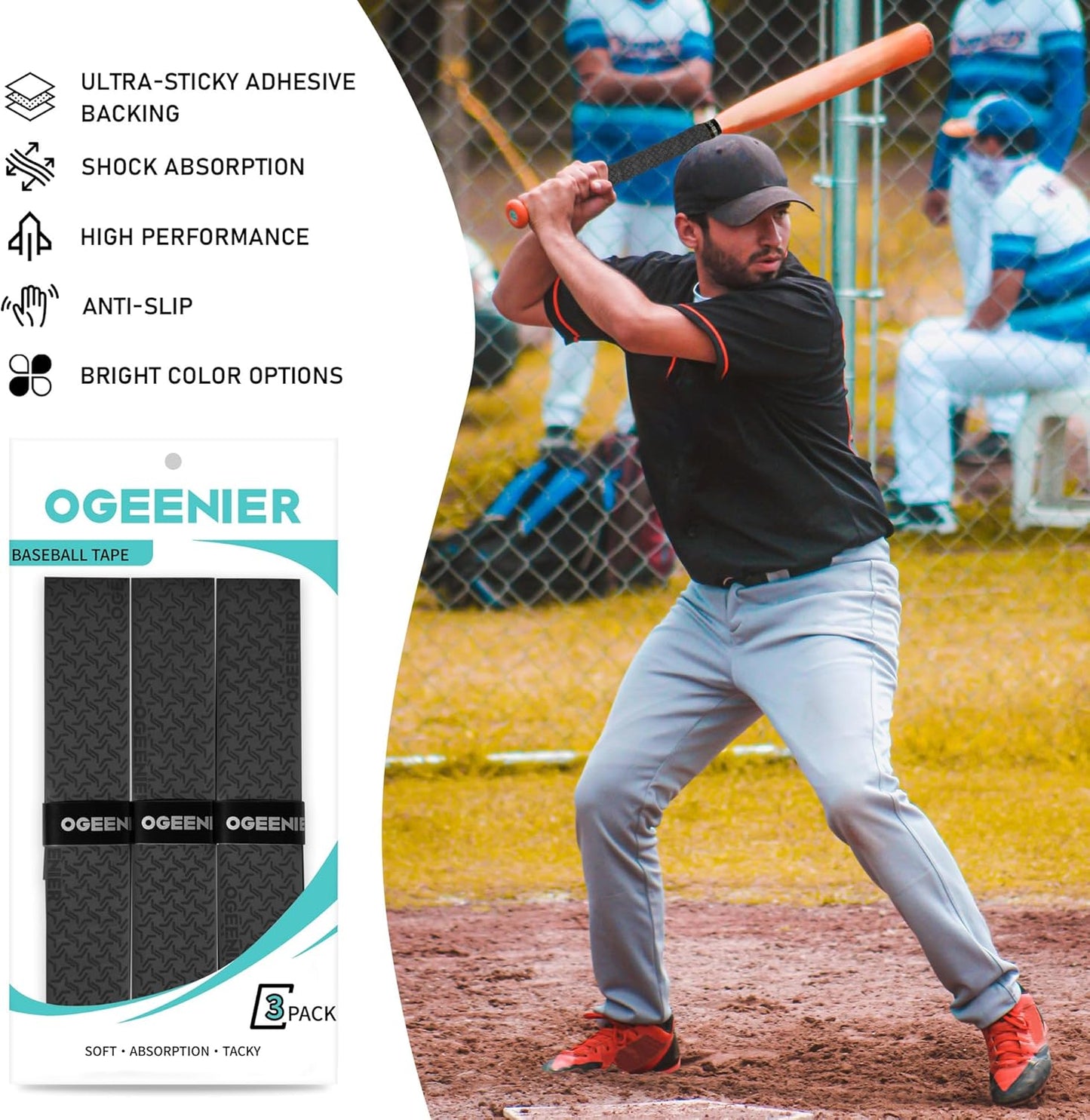 OGEENIER Bat Grip Tape - 1.1mm & 1.8mm Thickness, 3 Pack in Vibrant Colors for Baseball/Softball