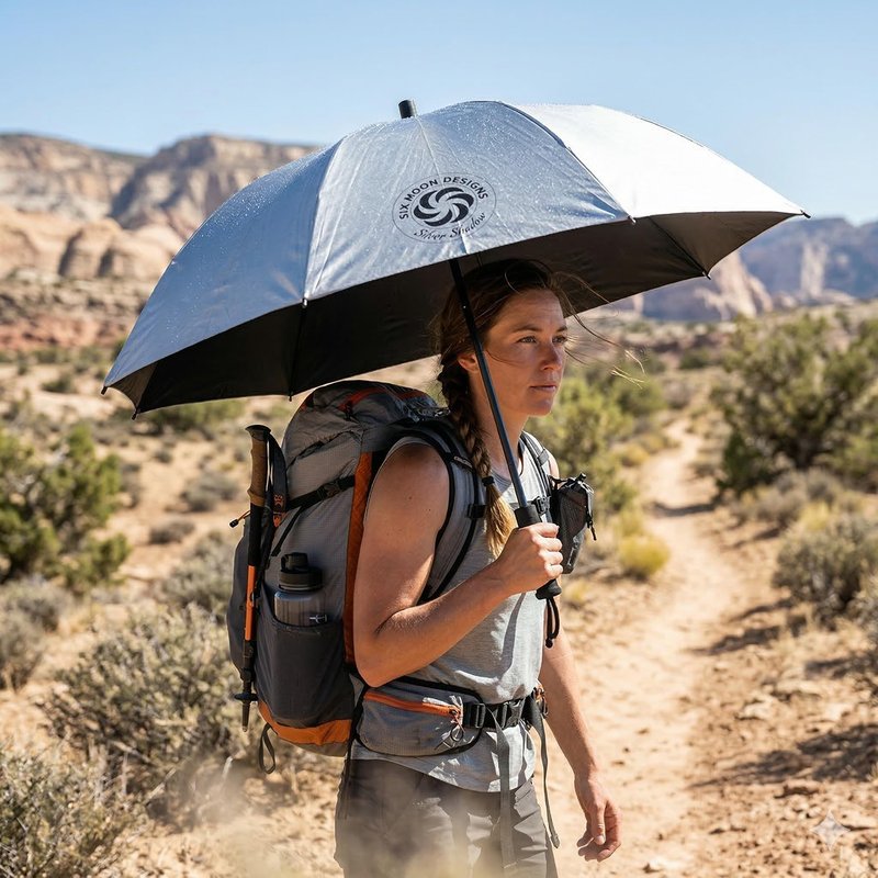 Six Moon Designs Silver Shadow Hiking Umbrella - UPF 50+ Sun & Rain Protection - Ultralight 8.9 oz Fiberglass Frame - Durable Reflective Trekking Umbrella for Backpacking, PCT, and Desert Travel