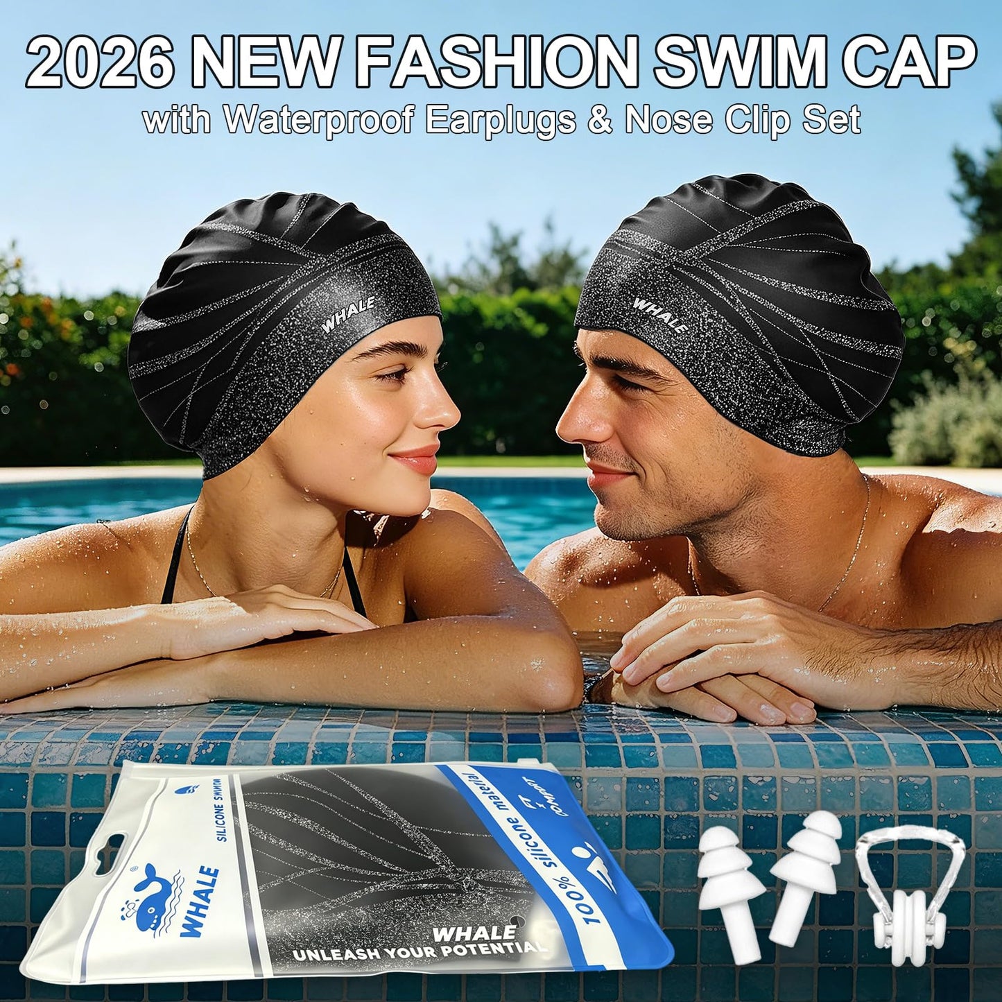 WHALE Extra Large Swim Cap Designed for Men and Women with Thick, Long Hair, Hair Extensions Or Afro-Textured Hair Long-Hair Swim Cap Highly Waterproof to Keep Hair Dry (Black)