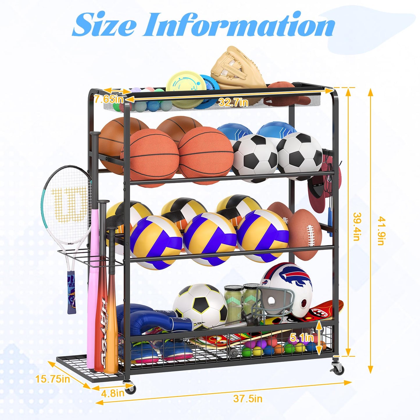 Basketball Hoop,Wheeled Sports Ball Storage Rack,Double-Row Basketball Hoop Holds 16+ Balls,Ball Storage Rack with Baseball Bat Holder and Hooks,Stores Basketballs,Soccer Balls,Footballs,etc.-Black