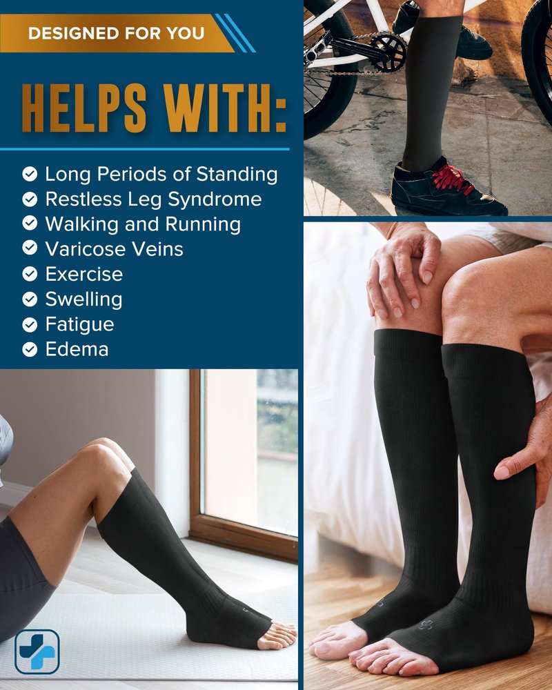 Doctor's Select 3 Pairs Copper Toeless Compression Socks for Men - 20-30 mmHg Open Toe Compression Socks Women, Toeless Socks, Knee High, Black