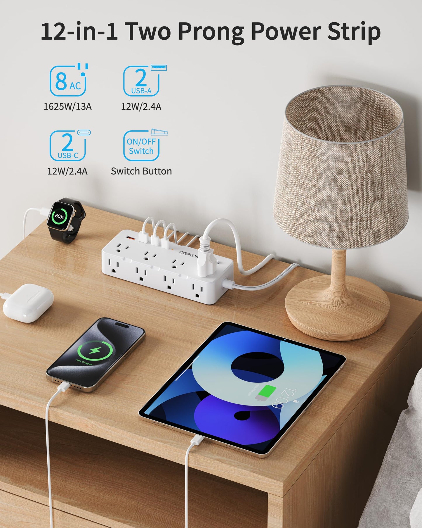 DEPOW 2 Prong Power Strip, 2 to 3 Prong Outlet Adapter with 8 AC & 4 USB Ports (2 USB C), 5FT Extension Cord, 1700J Two Prong Surge Protector, Wall Mountable, Ideal for Old House Non-Grounded Outlets