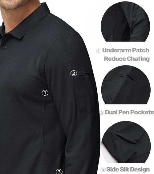 MAGCOMSEN Men's Quick Dry Tactical Polo Shirt - Performance Long Sleeve Pique Jersey Golf Shirt