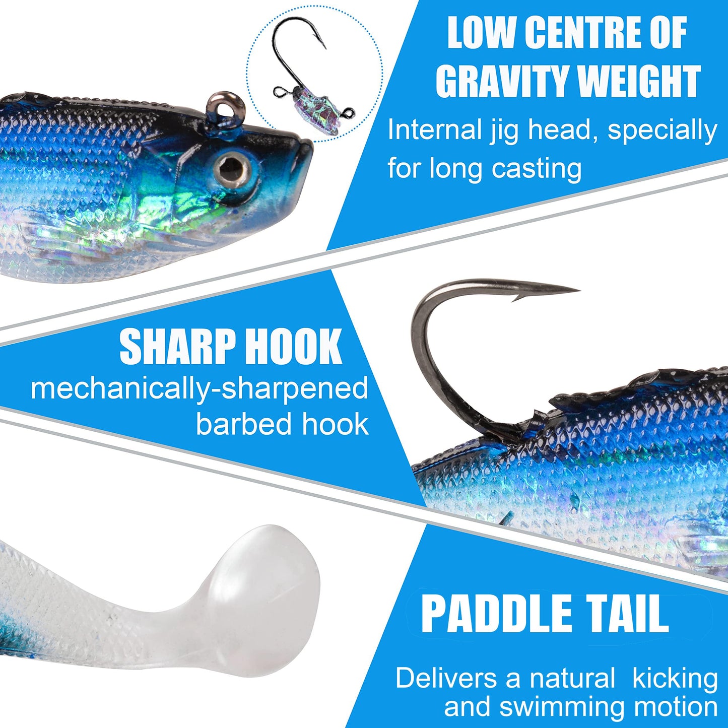 Paddle Tail Swimbaits, Pre-Rigged Soft Fishing Lures Jig Head Lifelike Swim Shad Lures Swimbait with Weighted Hook for Bass Walleye Trout Pike Crappie Striped Bass