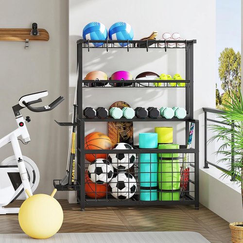 HOOBRO Ball Storage Rack - Heavy Duty Sports Equipment Organizer with Basket & Hooks | Black