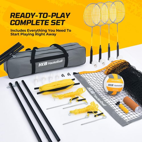 Haokelball Badminton Volleyball Net Set Combo – Adjustable Width 20-32ft & Height, with Rackets, Shuttlecocks, Volleyball, Boundary Line, Carry Bag – Badminton Sets for Backyards, Outdoor, Grass, lawn