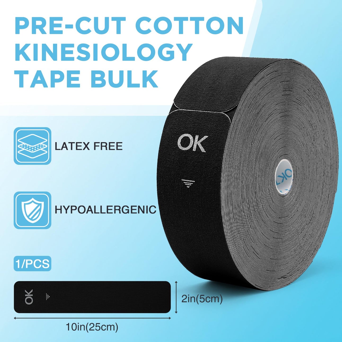 OK TAPE Kinesiology Tape Pre Cut Strips Bulk (100 PCS),Elastic Cotton Latex Free Hypoallergenic Athletic Tape Roll for Muscle Joint Knee,Waterproof 2in×10in/PCS