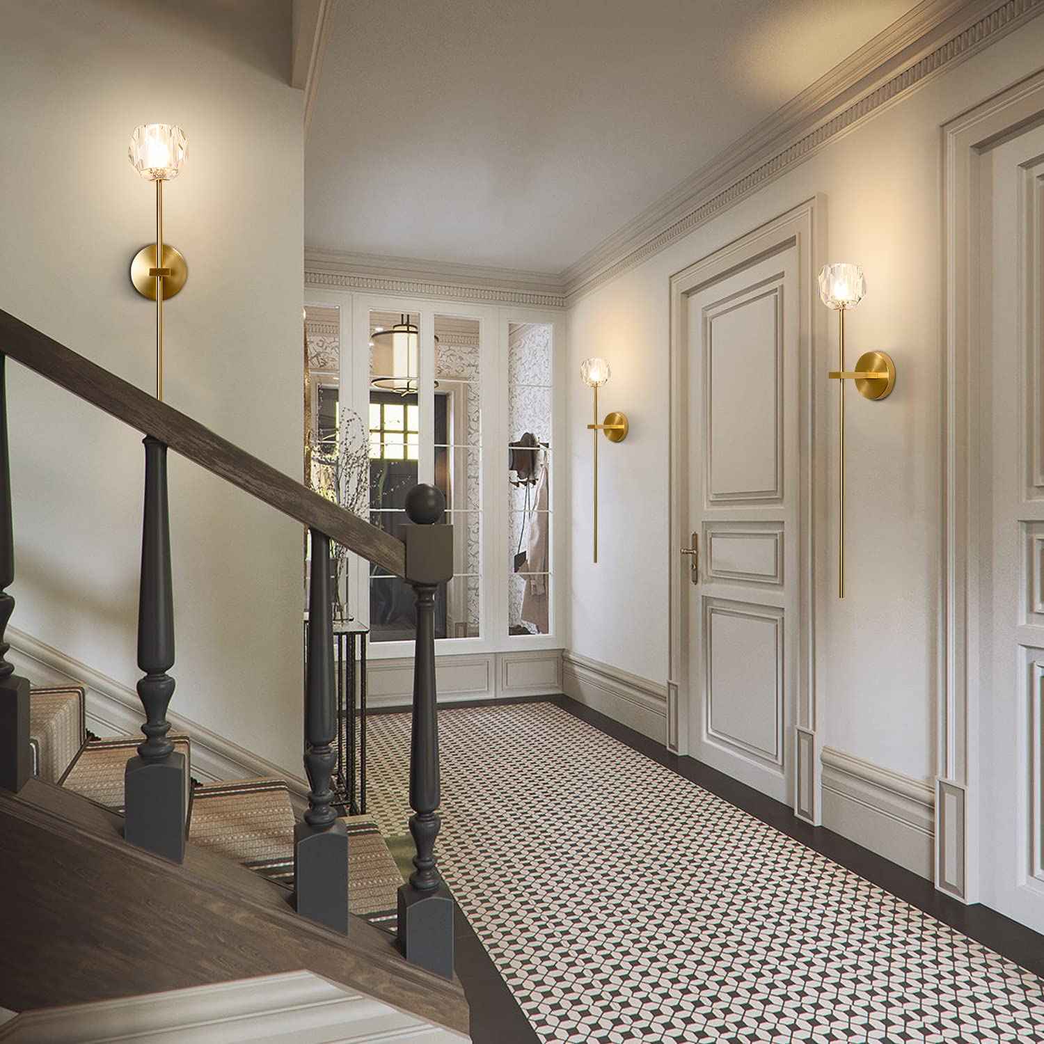 BOKT 1-Light Antique Brass Wall Sconce Lighting Fixture Modern Clear Crystal Ball Wall Sconce Lamp Brushed Gold Long Metal Wall Light Hardwired Bathroom Vanity Light Fixture