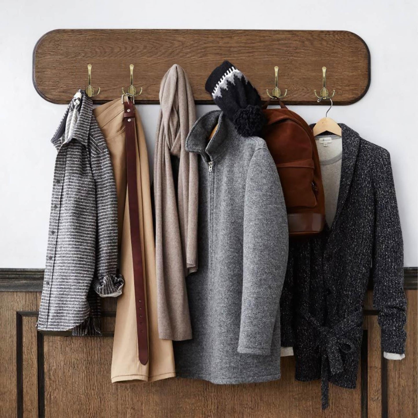 Homanu 8 Pack Coat Hooks Heavy Duty, Metal Three Prongs Large Coat Hooks Wall Mounted with 16 Screws, No Rust Antique Brass Rustic Wall Hooks for Hanging Towel, Coat, Scarf, Bag, Hat, Cup, Key