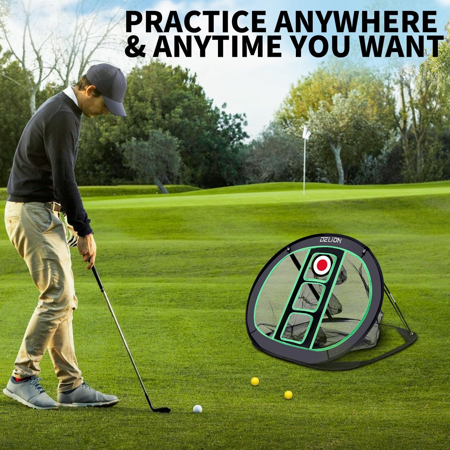 Golf Chipping Net and Mat Set - Pop Up Foldable Indoor Training Target with 2 Hitting Mats and 12 Practice Balls - Gifts for Men, Golfers, Teenage Boys
